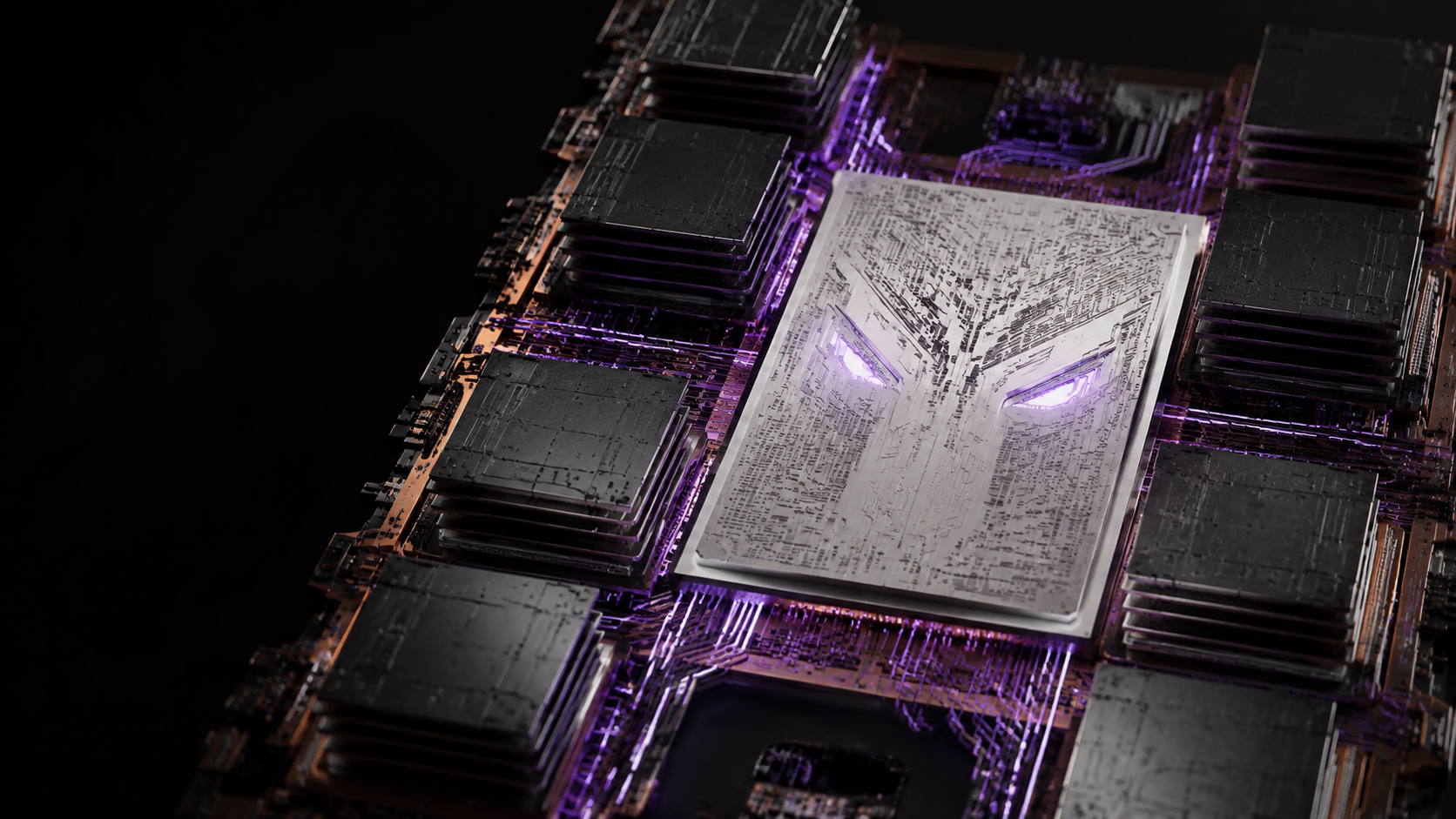 Sculptural silicon processor with stacked memory and amber signal paths